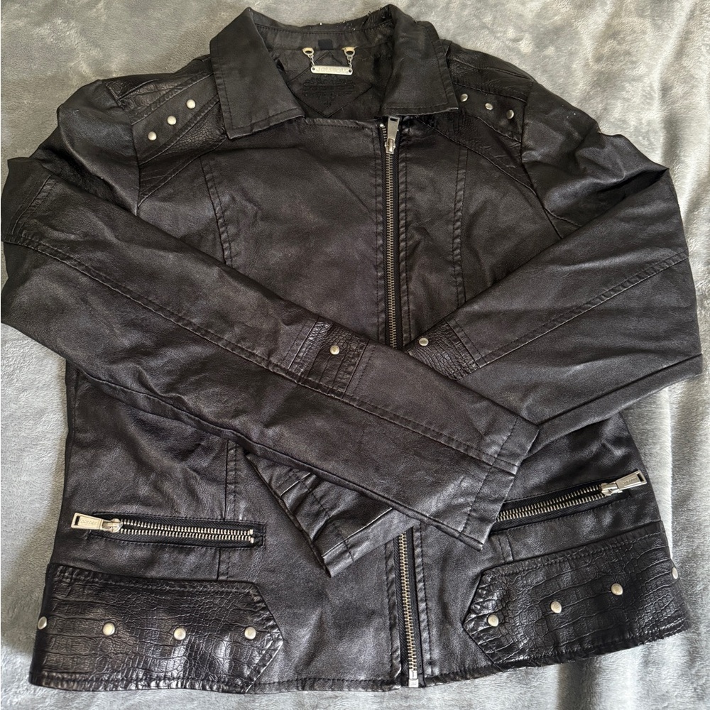 Jou Jou Black Leather Motorcycle Jacket with Studded Details